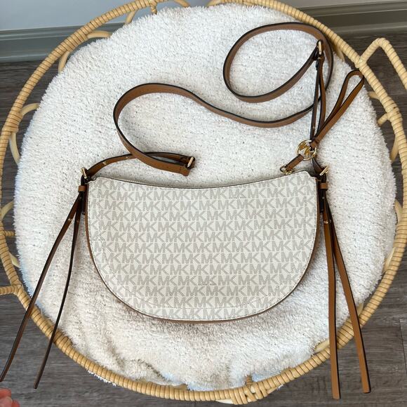 Michael Kors Half Moon White Monogrammed Leather Tassel Side Body Purse - Picture 2 of 11